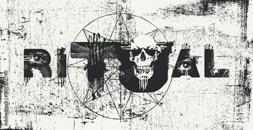 Vector art inscription "Ritual," written in an urban grunge font with a skull and human eyes. Street art. Suitable for posters, music album covers, and T-shirts.