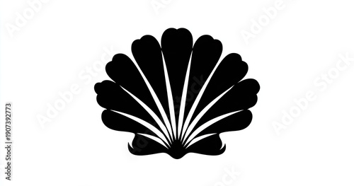 A stark black silhouette of a scallop shell against a bright white background