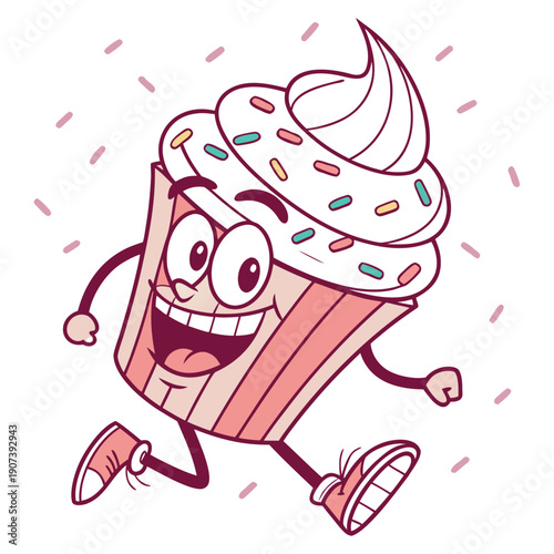 A cartoon pink frosted cupcake with sprinkles is running