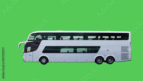 Jorney touristic bus driving fast. realistic dynamic reflections on the car body. green screen isolate. 3d rendering.