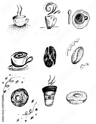 Vintage pen and ink illustrations of coffee, beans and doughnuts illustrated by hand with clear isolated background.