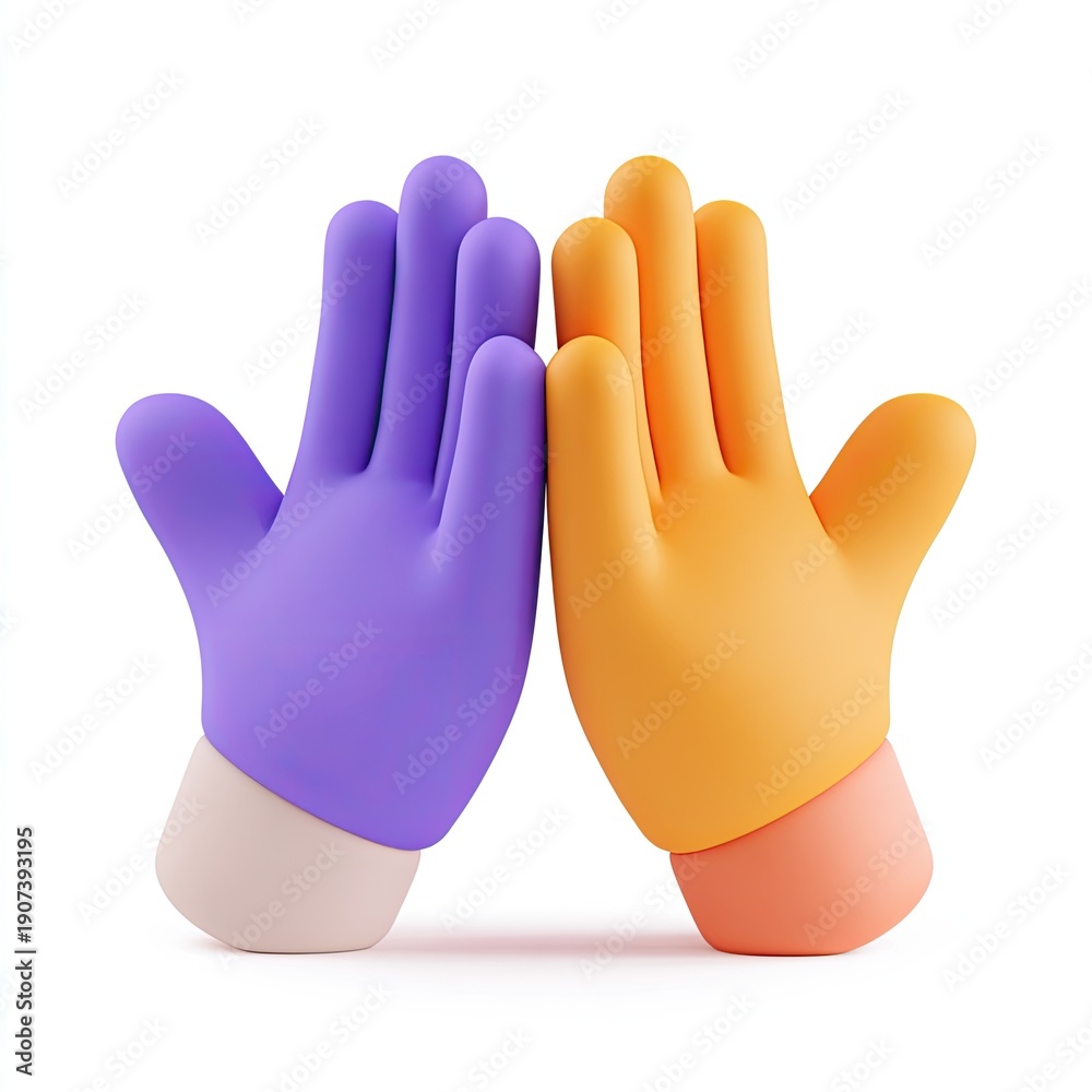 Obraz premium Two stylized, cartoonish hands, one purple, the other orange, facing each other on white