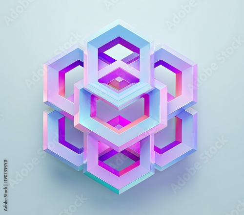 Abstract 3D composition with layered, iridescent hexagonal forms on a light background
