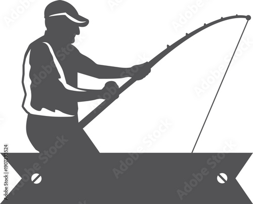 Fishing label. Fisherman with rod catching fish badge
