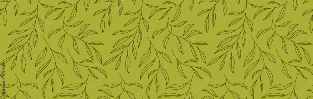 Fototapeta premium Hand-Drawn Leaves and Branches Line Art Background, Seamless Pattern 