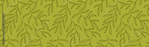 Hand-Drawn Leaves and Branches Line Art Background, Seamless Pattern 
