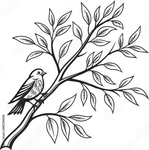 A small bird perched on a tree branch with leaves