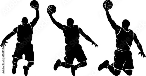 Basketball Slam Dunk Silhouette Set Vector Illustration Showing Jumping Player Action Isolated on White Background