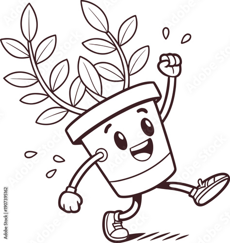 A potted plant with a face is running with its leaves flying behind it