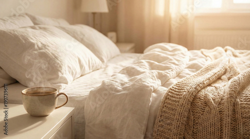Cozy Morning in the Bedroom: A serene bedroom scene bathed in soft sunlight, featuring an inviting bed with rumpled linens, a warm cup, a cozy throw, and a bedside lamp.
