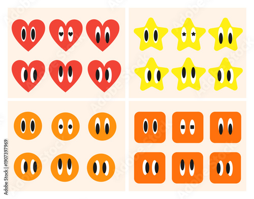 Simple Valentine playful cartoon emoji set. Heart, star, round, square vector icon.