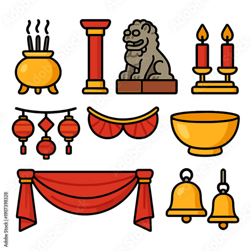 Traditional asian icons featuring lanterns, lion statue, bells, and candles
