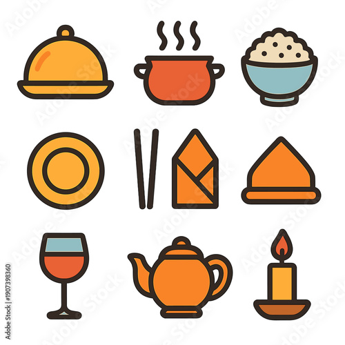 Colorful food and dining icons set with candle and tableware