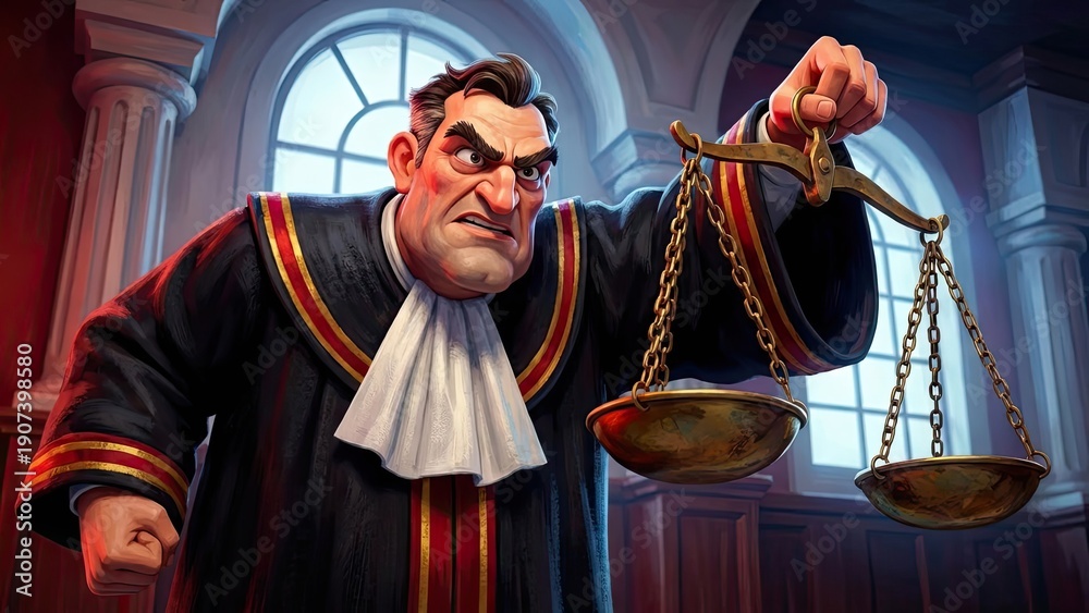 Obraz premium Justice in the Balance: A determined judge, clad in traditional attire, assesses the scales of justice within a stately courtroom, the weight of the law etched upon his expression.