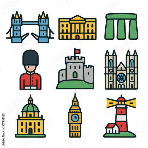 Icon set featuring famous uk landmarks in bold line style