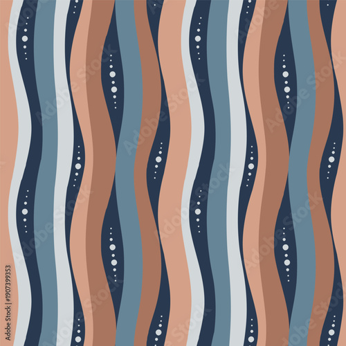 Wave pattern. Seamless abstract background with curve lines in blue beige brown color. Vector with organic shapes in earthy boho tone