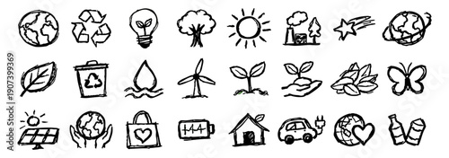 Set of hand-drawn ecology and sustainability icons featuring recycling, green energy, nature, and environmental protection doodles in black ink.
