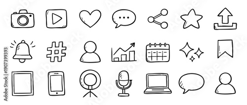 Set of hand-drawn social media and digital marketing icons in a doodle style, featuring camera, play, heart, and various communication symbols.