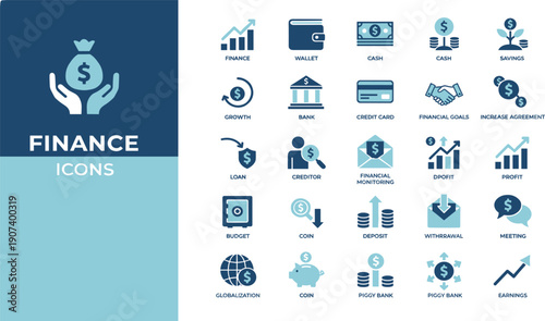 Finance and Banking Blue Flat Icons Set Vector Illustration Collection