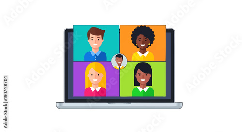 Online video conference meeting with diverse team on laptop screen for remote work and collaboration