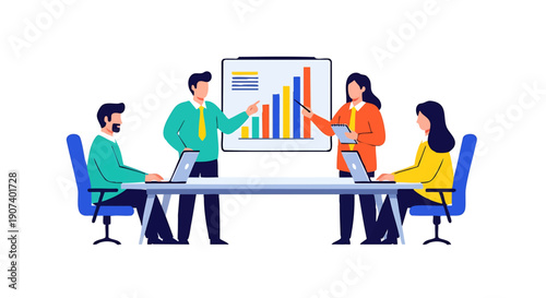 Business Team Meeting Analyzing Data. Professionals collaborate on growth chart presentation and strategy in corporate office.