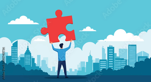 Man holding red puzzle piece above city skyline, symbolizing problem-solving and business solution success