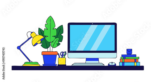 Flat Design Home Office Workspace: Computer, Desk Lamp, Plant, and Books on a Table