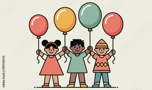 Four Diverse Kids Standing with Colorful Balloons Multicultural Friendship Vector Illustration for Educational Publishers Diversity Campaigns Children Party Materials Marketing
