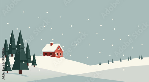 A charming vector illustration of a red house on a snowy hill surrounded by pine trees during a gentle snowfall