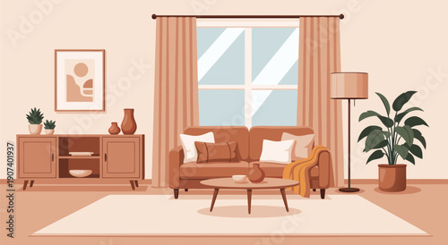 Cozy living room interior vector illustration with sofa, coffee table, and floor lamp in a warm, inviting color palette