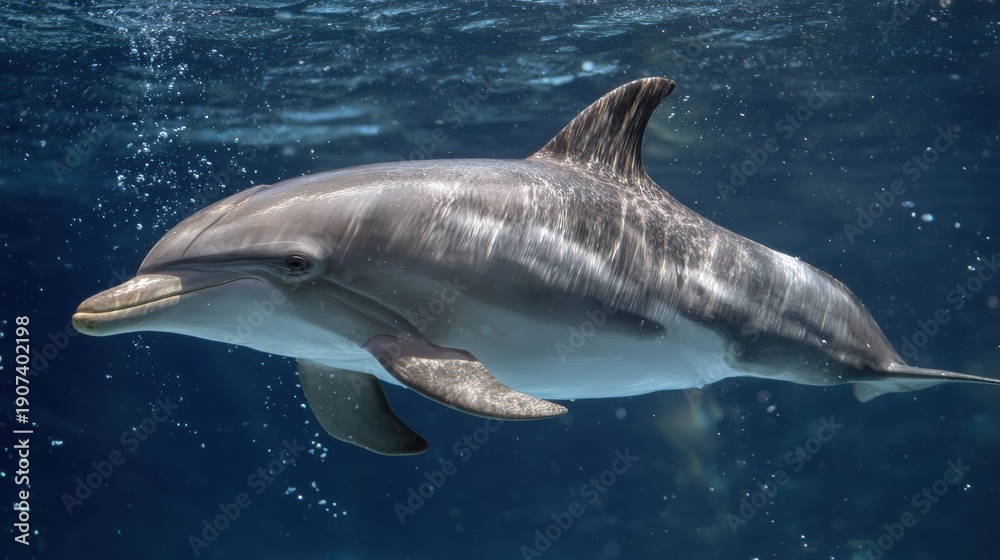 Fototapeta premium Dolphin Swims Toward Open Blue Water in a Moment of Exploration and Curiosity in the Ocean Environment Captured Underwater
