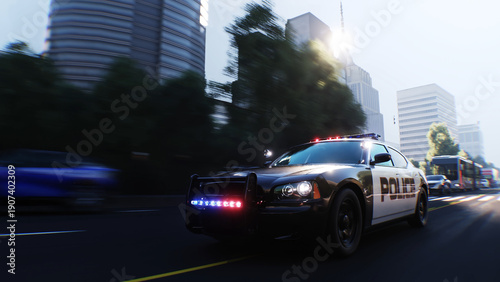 An police driving fast on a city street. 3d rendering.