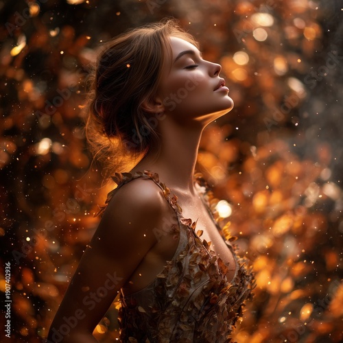 Cinematic portrait of woman amid glowing embers with ethereal dress