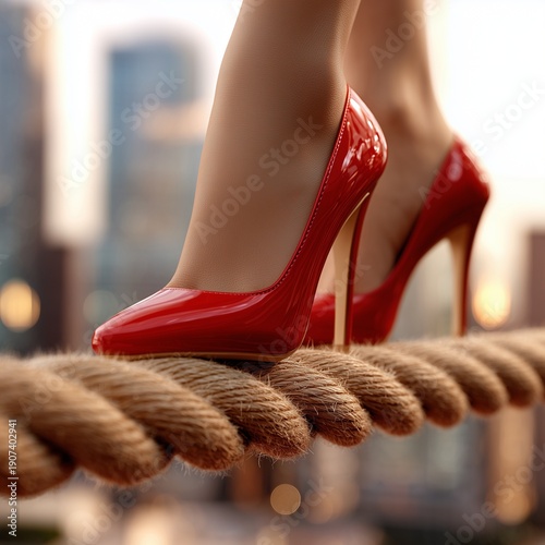 Woman legs in red shoes.Cinematic close up of woman walking on rope in red high heels above city