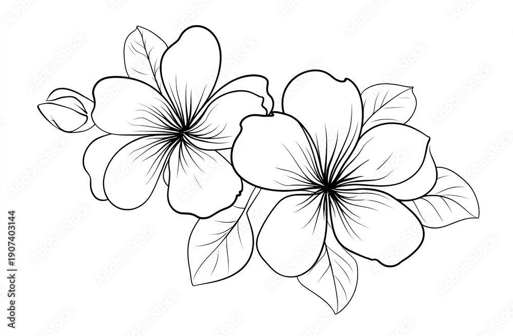 Obraz premium Black and white floral line art of two blossoms with leaves