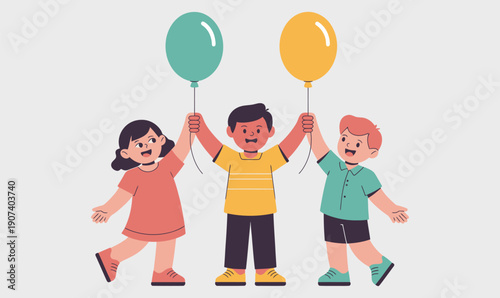 Four Cheerful Multicultural Kids Holding Party Balloons Celebration Friendship Vector Illustration for Party Invitations, Diversity Campaigns Educational Publishers Greeting Cards Social Media