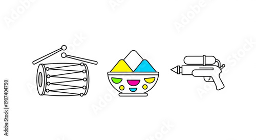 Colorful icons of drum dessert bowl and caulk gun on white background