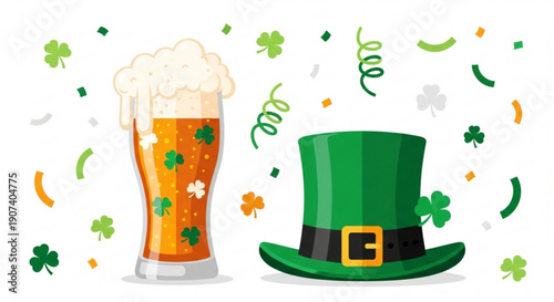 St patrick's day celebration with beer and leprechaun hat surrounded by shamrocks and confetti