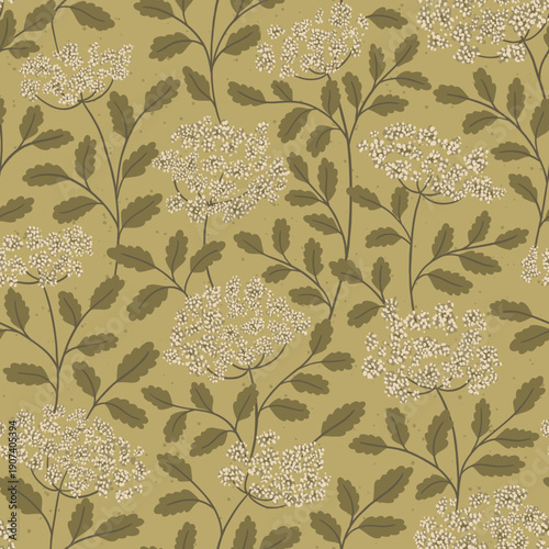 Meadow Wildflower Queen Anne's lace vector seamless pattern on olive green background. Delicate hand-drawn florals with organic umbels, foliage. Vintage cottagecore design for farmhouse textiles