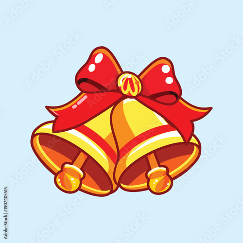 Golden Christmas Bells with Red Ribbon Bow. Hand Drawn Yellow Jingle Bells for Winter Holiday and Festive Decoration Graphic.