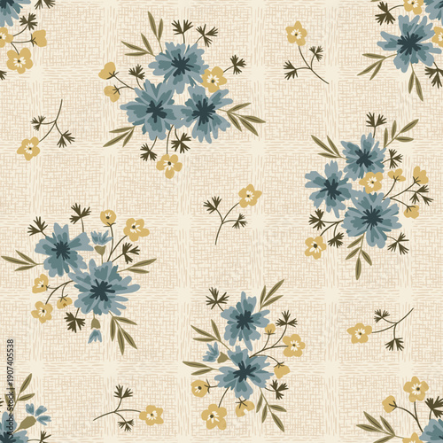 Vintage meadow wildflower bouquet vector seamless pattern with bachelor buttons, buttercup on textured cream background. Rustic cottagecore botanical floral print with hand-drawn flowers. Perfect for