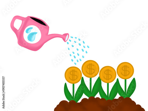 Illustration of money flowers with big gold dollar coin, fertile soil and plant watering can, isolated on white background.