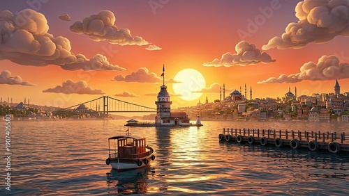 Bosphorus Sunset Serenity: A breathtaking sunset paints the Istanbul skyline with vibrant hues, illuminating the Maiden's Tower and a majestic suspension bridge.
