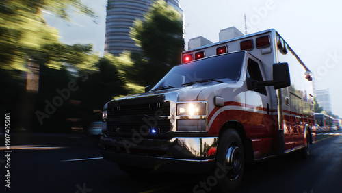 An ambulance driving fast on a city street. 3d rendering.