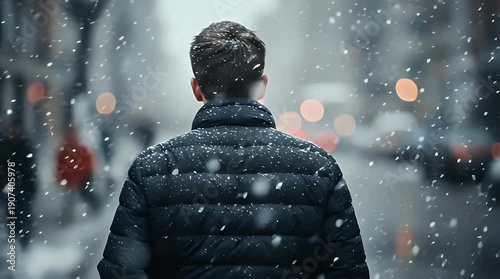 A man walks alone through a snowy city street, surrounded by blurred lights and buildings, evoking a sense of solitude and contemplation on a cold winter's day