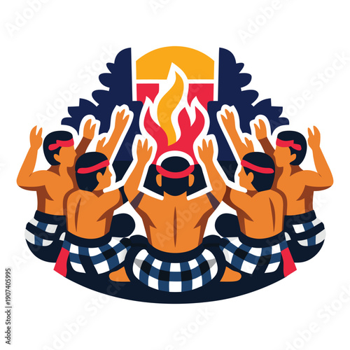 Tari kecak bali in checkered skirts by a flame in bali. Suitable for cultural, travel, and lifestyle related concepts.