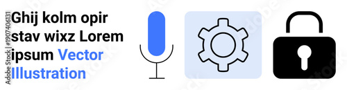 Simple microphone, gear, and lock icons symbolize voice commands, system configuration, and data protection. Ideal for UI design, app development, technology, security accessibility communication