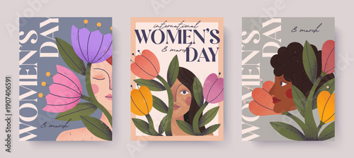 Womens Day poster set.Diverse female portraits and floral design.Feminine greeting card templates celebrating inclusion,empowerment and unity.Vertical layout for social media, print and marketing