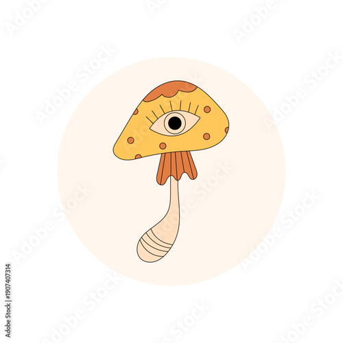 Colorful groovy mushroom with eye symbol as retro sticker in circle patch. Unique y2k emblem for seal on lid or package, playful symbol and trendy accent for modern packaging or product.