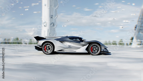 An futuristic grey sport car driving fast on a futuristic city street. Concept of future. 3d rendering.
